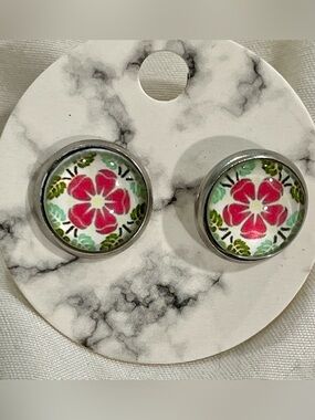 Floral Red & Green Poppy Flower Folk-Style Stud Earrings